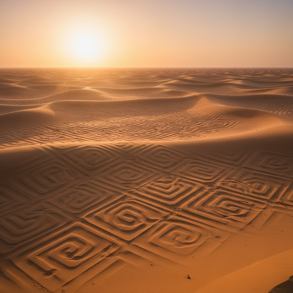 Wide cinematic shot of the Sahara at dawn, dunes aligned in perfect cryptographic symmetry, warm go…