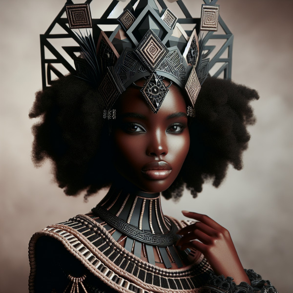!dalle A regal Black Queen, afrofuturism, wearing a geometric crown fused with tribal patterns in s…