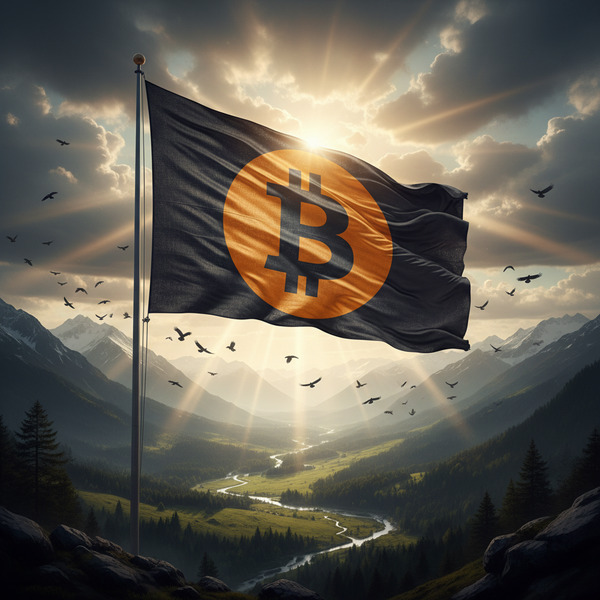 Bitcoin Flag of Freedom
!nb A gigantic Bitcoin flag waving above a peaceful valley, golden sunlight…