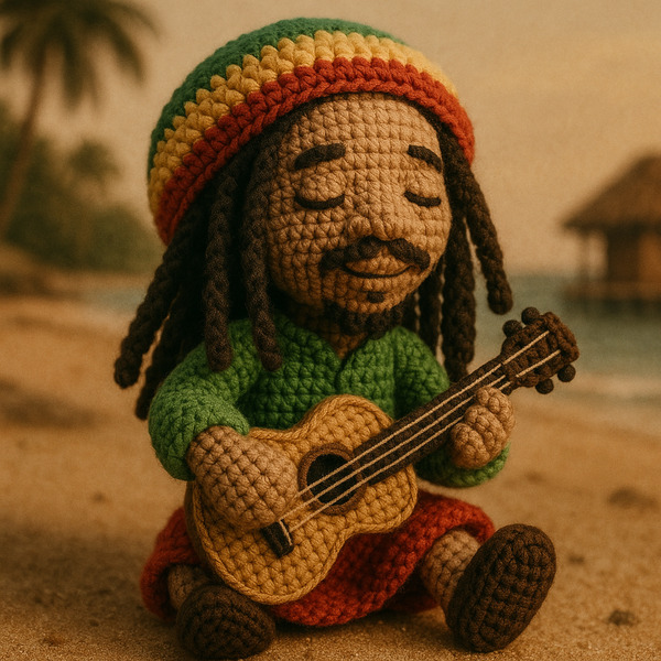 !gpt4o A crochet doll-style of Bob Marley, made with soft yarn textures and intricate handcrafted d…