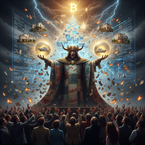 A towering false financial prophet dressed in luxurious robes made of stock charts, fiat currency, …