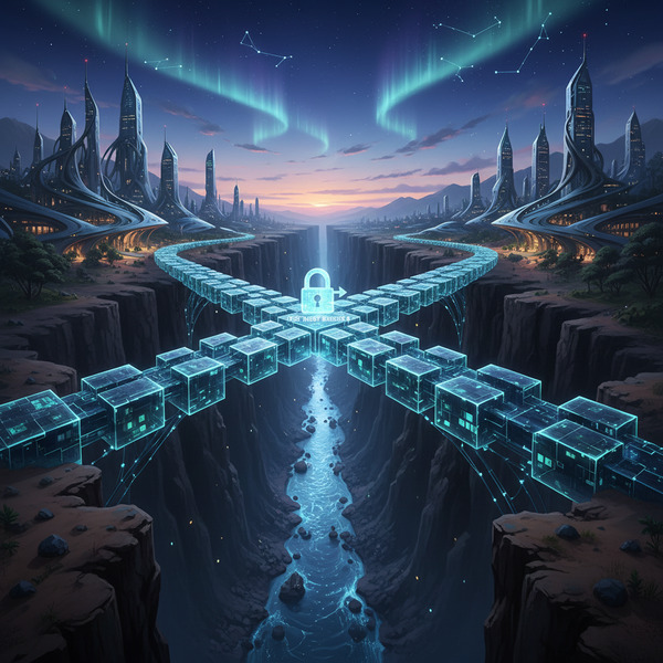4️⃣ The Trust Bridge
A glowing bridge made of blockchain blocks connecting two distant lands, symboli…
