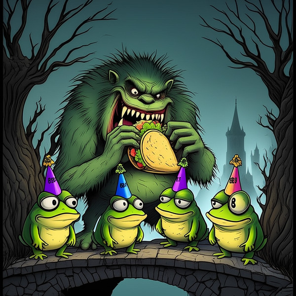 !edit troll is eating taco and each frog hold egg colored like their hat