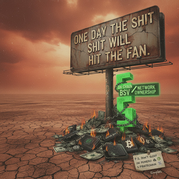 One day the shit will hit the fan.
All the $ gains, all the BTC in cold storage,  all the paper BSV…