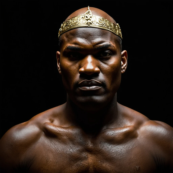 Close-up portrait of a Hornbound ruler with scarification and gold inlays, eyes calm and dominant, …