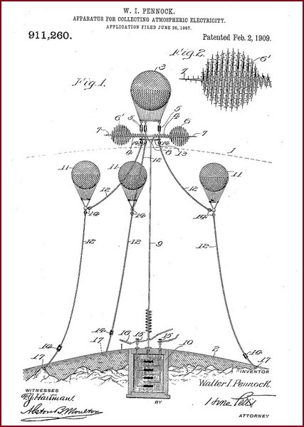 Apparatus for collecting atmospheric electricity, registered in 1907, patented in 1909