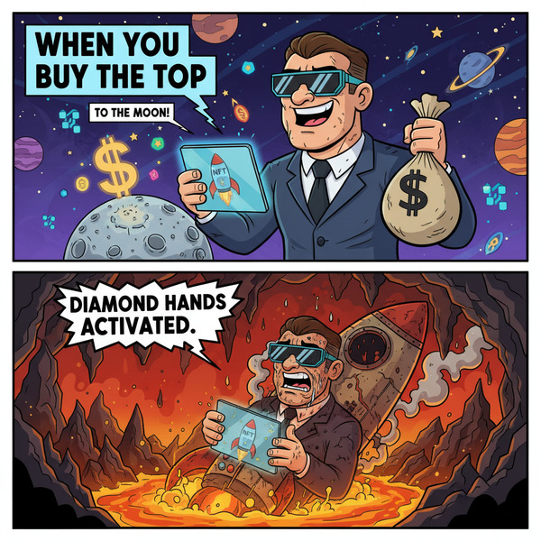 !nb “When You Buy the Top” Character proudly buying an NFT rocket at the moon… next panel crashes u…