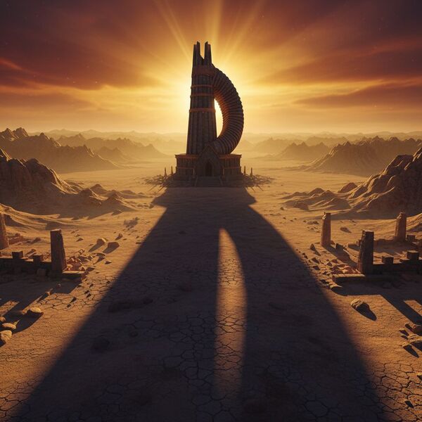 Symbolic scene of a horn-shaped monument casting a long shadow across ancient land, sunset gold pal…