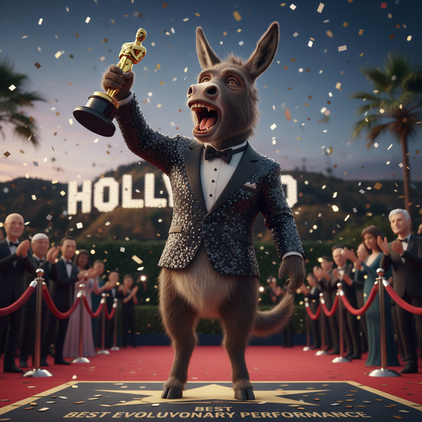 Australopithecus donkey holding a Hollywood Oscar, raising it triumphantly !nb