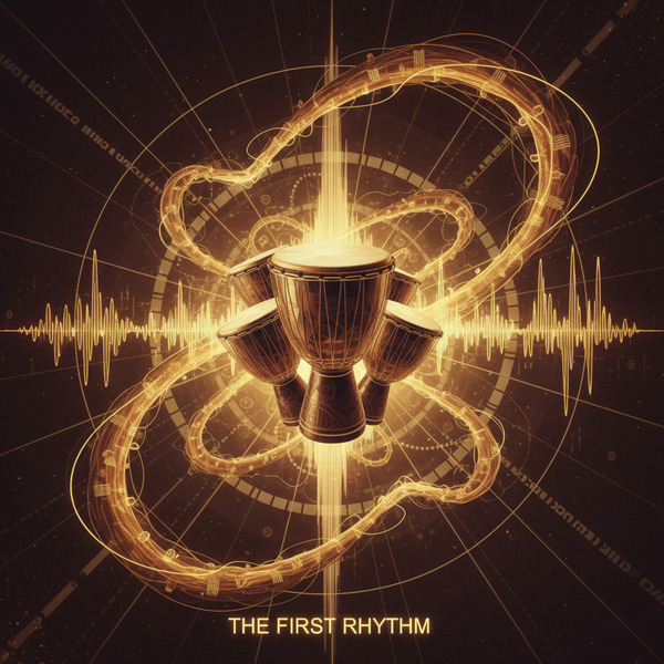 8. The First Rhythm
Abstract visualization of African drums as glowing energy waves, deep browns an…