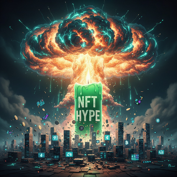!nb Giant green candle labeled “NFT HYPE” exploding like a nuclear bomb over crypto city