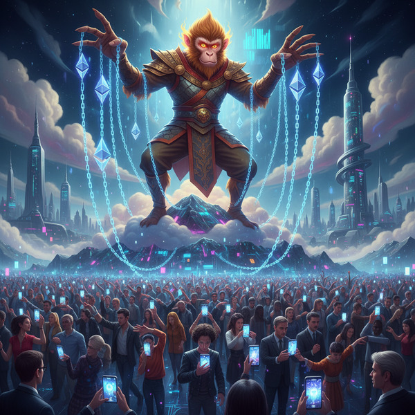 !nb Giant monkey king controlling crowds with puppet strings made of Ethereum logos