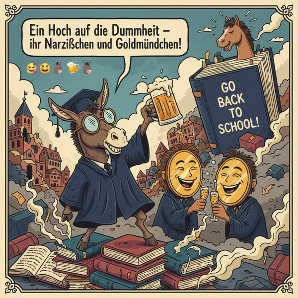 !nb "Ein Hoch auf die Dummheit – ihr Narzißchen und Goldmündchen!" 🤪🥳🫏🍻  What do you mean by that, …