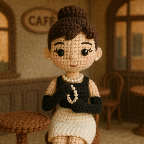 !gpt4o A crochet doll-style of Audrey Hepburn, made with soft yarn textures and intricate handcraft…