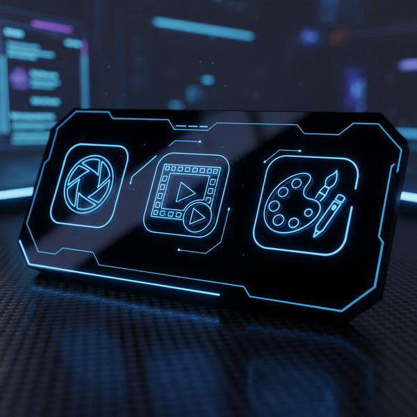 !nb A black, super futuristic futuristic icon display for Digital Assets. Hyper-realistic, super gl…
