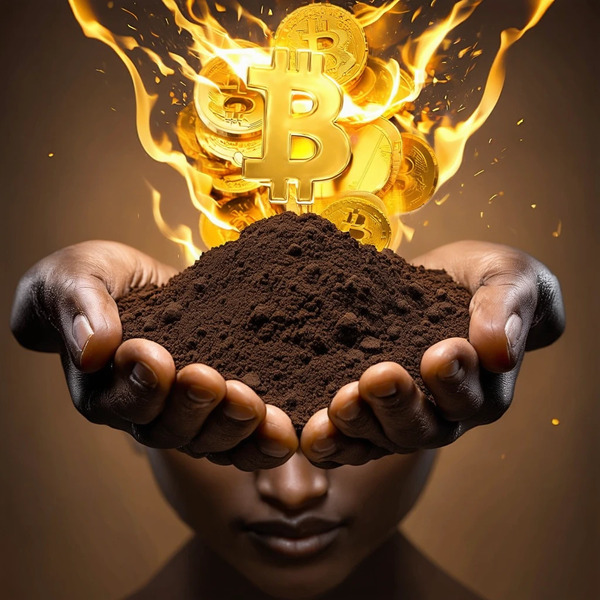 10. The New Gold
African hands holding soil that transforms into floating golden Bitcoin coins, dra…