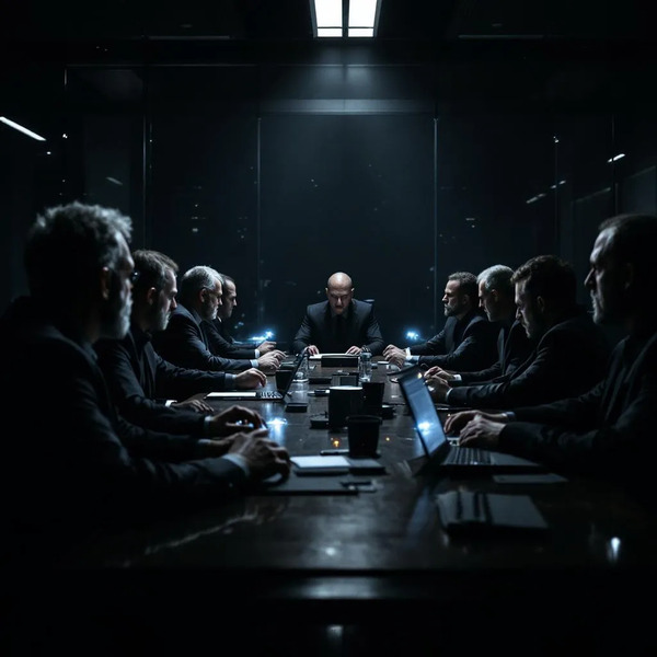 !flux a boardroom full of evil men in suits, brainstorming the next worldwide event.