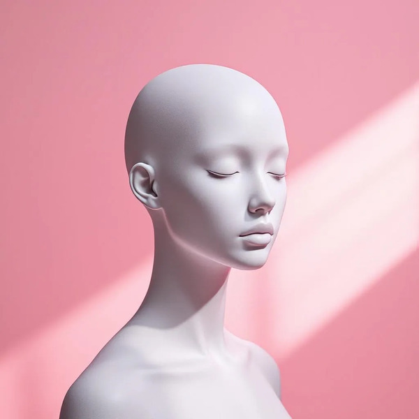 8. Pink Silence
Ultra-clean 3D pixel statue with no accessories, pure minimalist form, faceless vox…