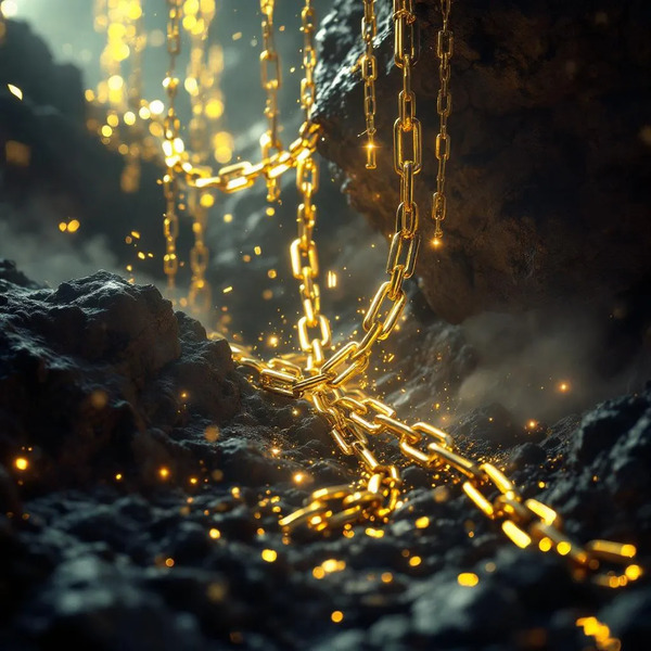 Golden Chains:
3D cinematic gold chains flowing from the ground, soft shadowed background, dramatic…