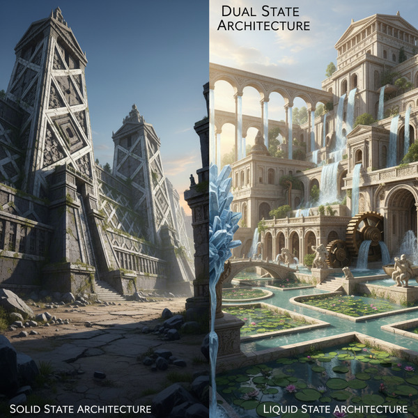 Just like crystals exist between solid and liquid phases, ancient architecture operates in dual sta…