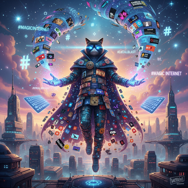 The Algorithm Wizard
!nb A mysterious digital wizard made entirely of memes casting streams of vira…