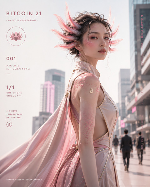 👑 AUCTION LIVE 👑
🩷 BITCOIN 21 #002 — AXOLOTL ROYALTY
A Beautiful Axolotl in Human Form
Born from th…