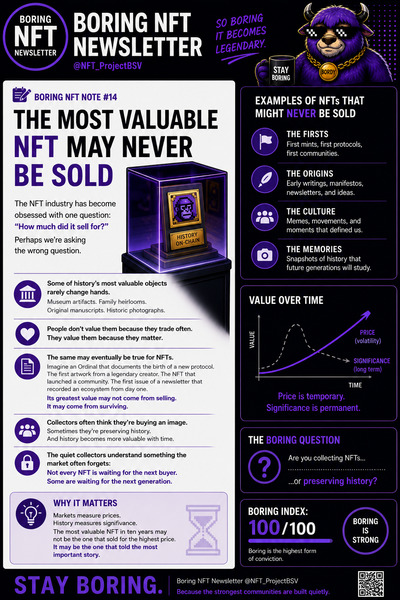 📝 BORING NFT NOTE #14
The Most Valuable NFT May Never Be Sold
The NFT industry has become obsessed …
