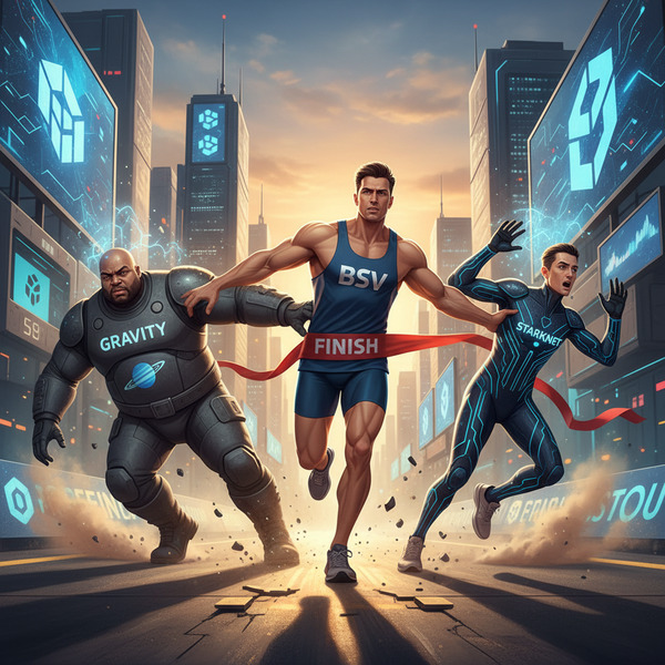 !nb BSV represented as a person beating Gravity and Starknet also as people in a marathon