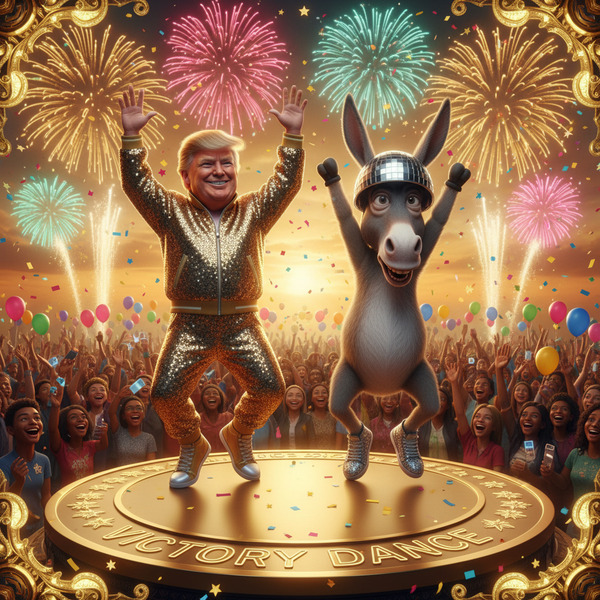 The Friendship Finale
!nb After an epic dance battle, Donald Trump and the goofy donkey sharing a v…