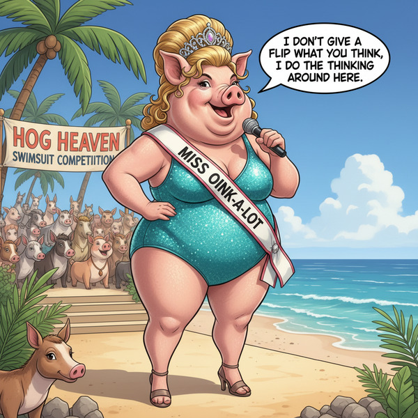 Miss Big Pig dressed like a swimsuit queensays 'I don't give a flip what you think,  I do the think…