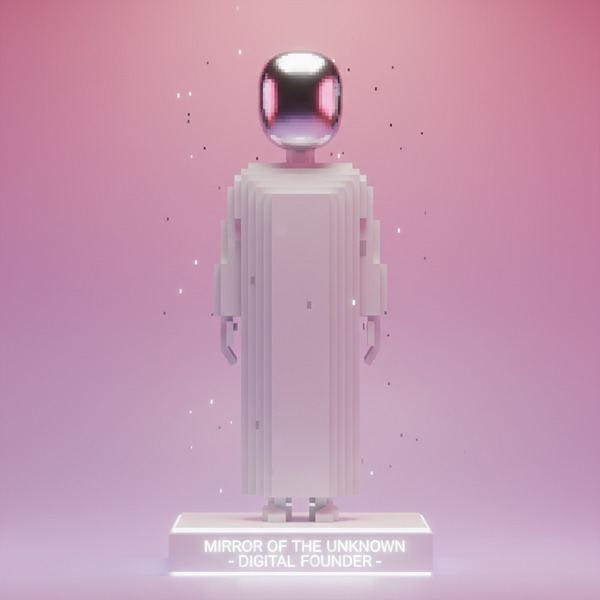 2. Mirror of the Unknown
3D minimalist voxel statue with a reflective mirror-like pixel face, calm …