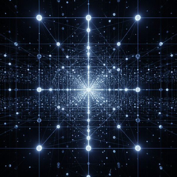 3️⃣ Infinite Node
A central glowing node endlessly replicating itself in all directions, forming an i…