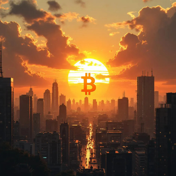 1. Satoshi Sunrise
African sunrise over a modern city skyline, glowing Bitcoin symbol rising like t…