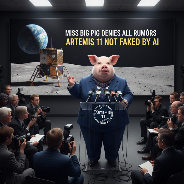 Miss Big Pig denies all rumors that the Artemis 11 moon landing was faked using AI. !nb