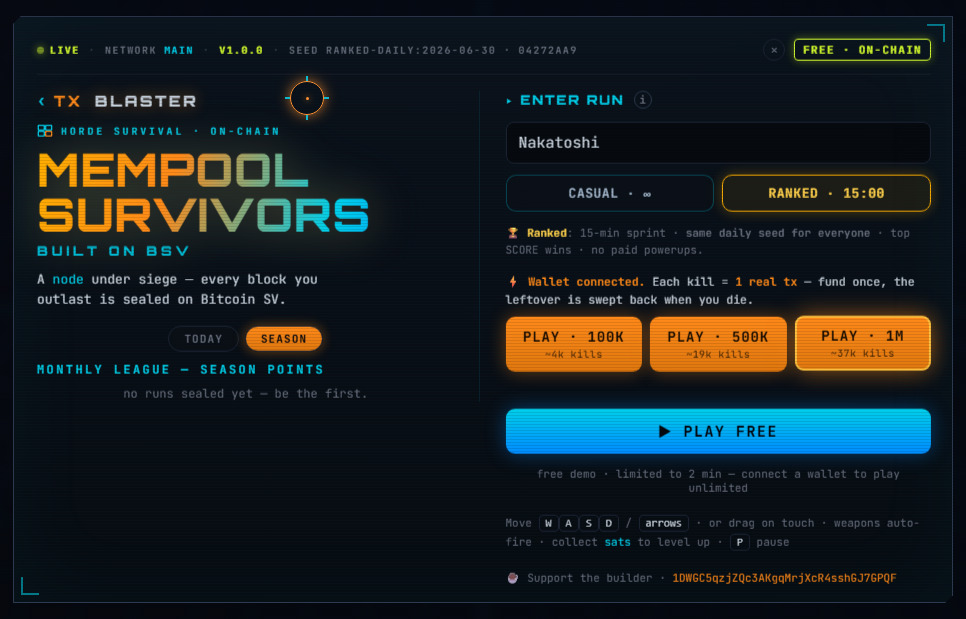 [[TXBLASTER]] [[TXMEMPOOLSURVIVORS]]

⛓ MEMPOOL SURVIVORS — v1.0.0 is LIVE
🎬 A whole new look + a c…