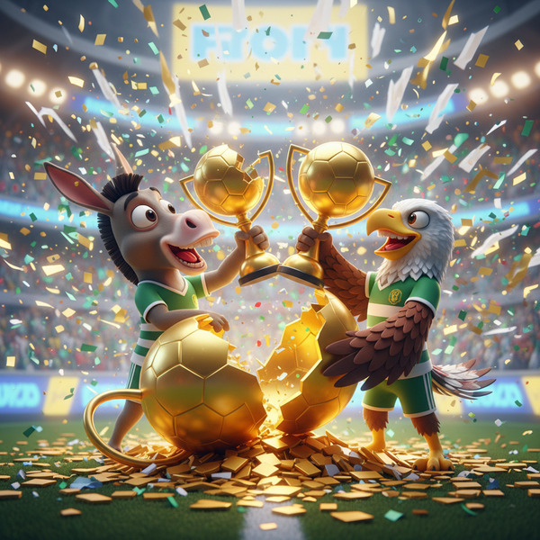The Trophy Nobody Won
!nb A giant golden trophy accidentally broken in half, with the donkey and Na…