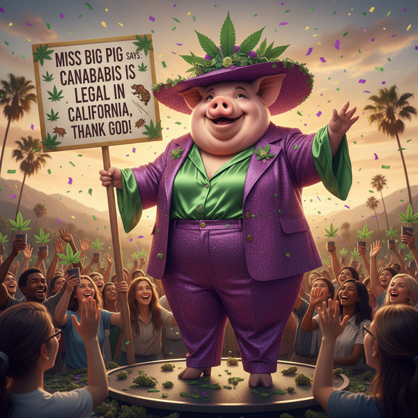 Miss Big Pig wants to remind ya all that Cannabis is legal in California,  thank God!!nb
