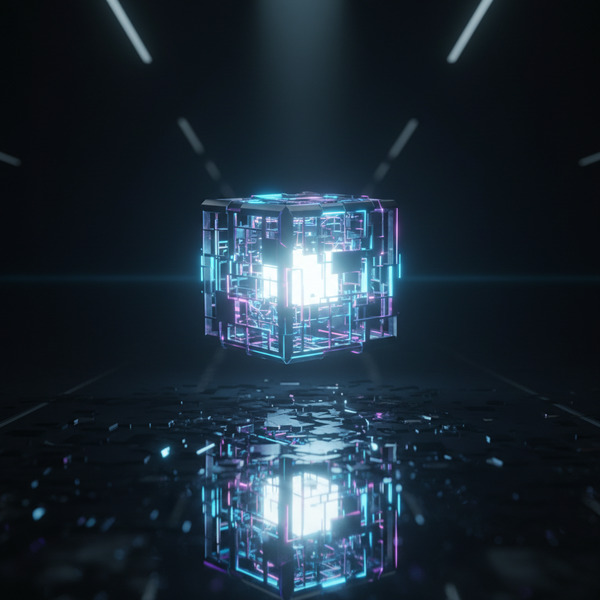 1️⃣ Genesis Reflection
A glowing digital block suspended in darkness, mirrored perfectly below on a g…