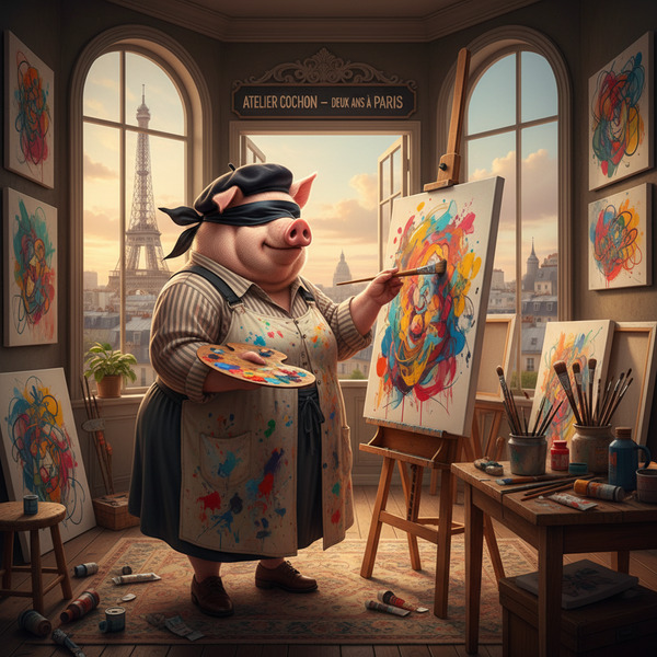 Miss Big Pig studied art for 2 years in Paris.  She can paint blind folded. !nb