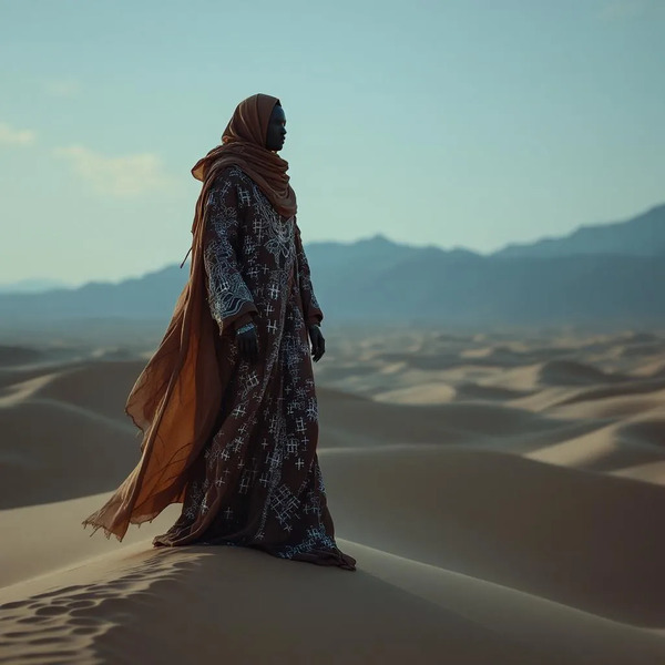 A Saharan nomad standing on a dune ridge, robes flowing like liquid sand, subtle glowing hash patte…