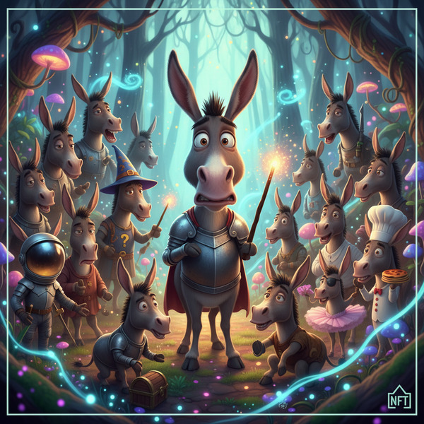 Donkey Meets His Past Selves
!nb A bewildered big stupid donkey surrounded by dozens of alternate v…