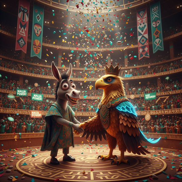 Donkey & Team Nigeria 
The Peace Handshake
!nb A goofy smiling donkey and a majestic Naija eagle sh…
