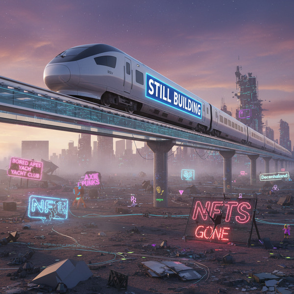 !nb A BSV train driving past wrecked NFT projects with a sign saying “Still Building”