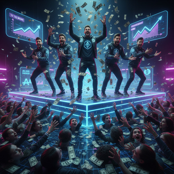 !nb Crypto influencers throwing fake money into the air while followers drown beneath them