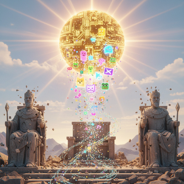 The Fall of the Masters
!nb Ancient rulers made of stone crumbling into pixels while colorful meme …