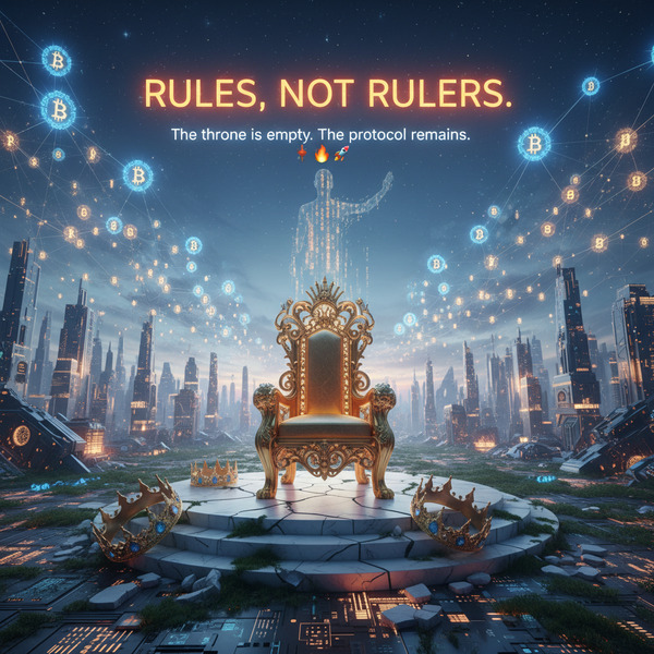 A massive golden throne stands empty at the center of a futuristic digital kingdom. Crowns lie aban…