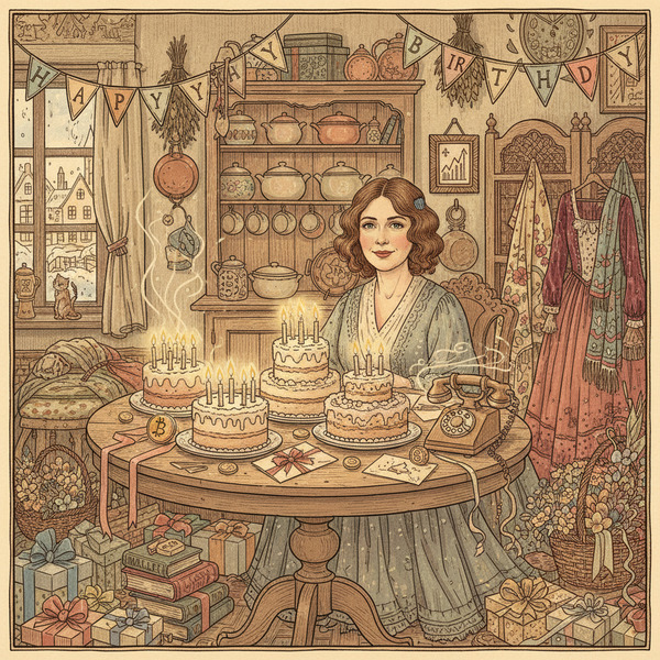 !nb Create a whimsical, richly detailed birthday illustration in the style of Anton Pieck: nostalgi…