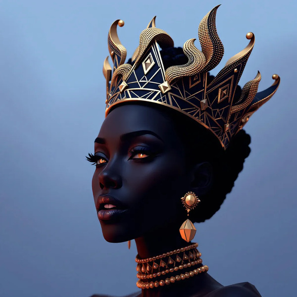 !flux11 A regal Black Queen, in 3D pixel, wearing a geometric crown fused with tribal patterns in s…