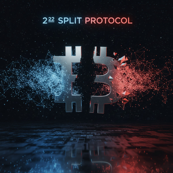 2️⃣ Split Protocol
A single metallic Bitcoin symbol cracked vertically into two symmetrical halves, h…