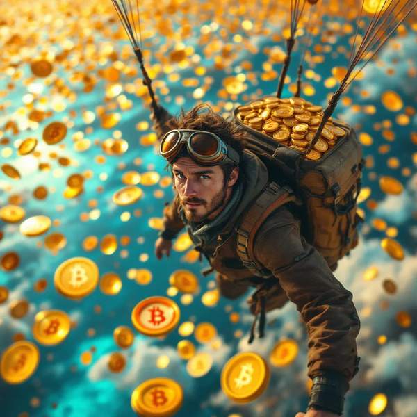 !flux11 Sporting aviator goggles and a backpack full of coins, flying over a soft ocean of floating…